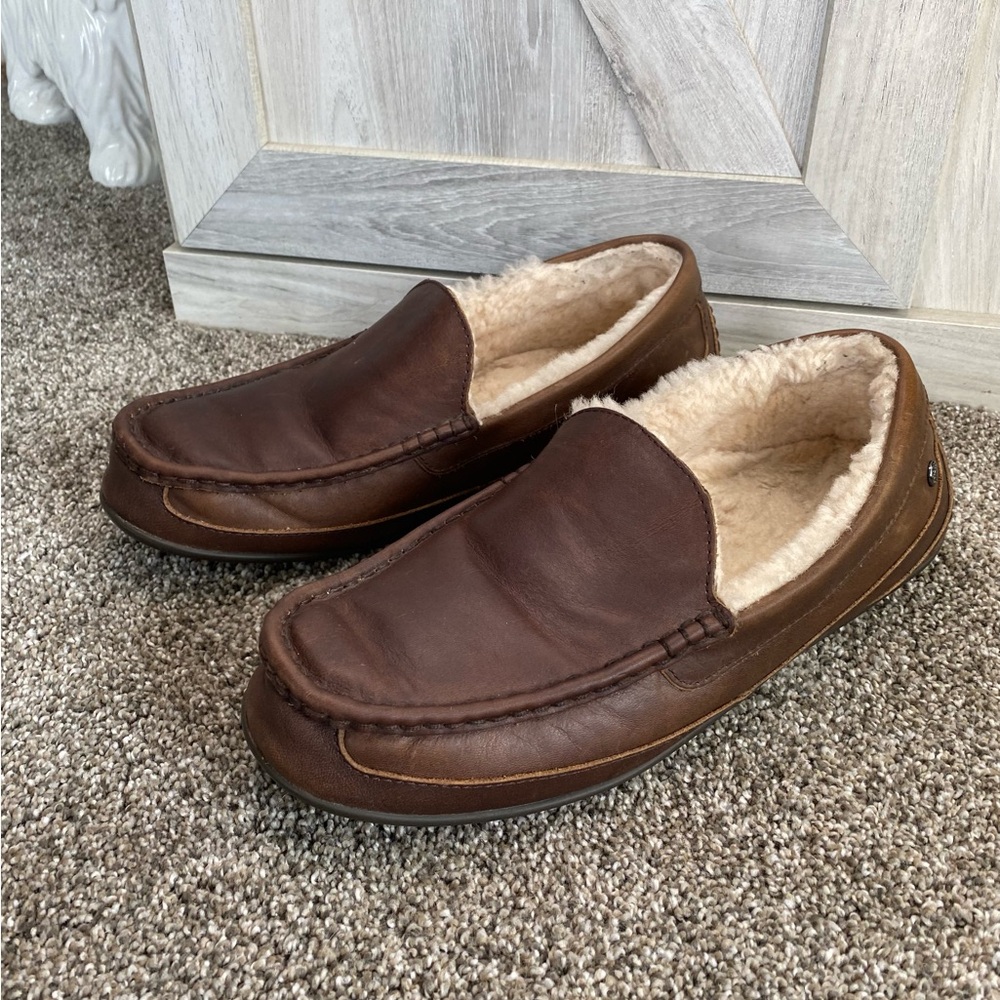 Abeo Arden Men's Slip On Leather Brown Loafers Slippers Drivers Sheepskin Lining